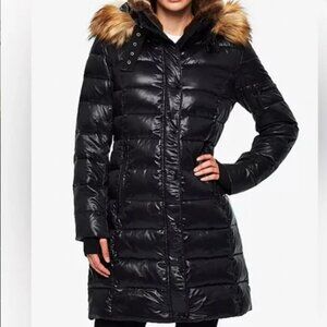 S13 Women's High-Shine Black Puffer Coat with Faux-Fur Hood XS